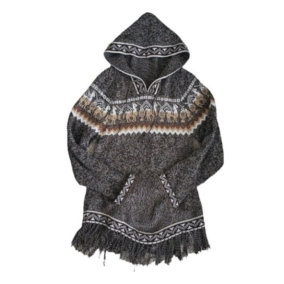 Peruvian Handmade Alpaca Hooded Sweater Ethnic Motifs Fringed Hem - Picture 4 of 9